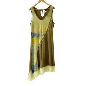 Dolcezza Green Sleeveless Asymmetrical Two‎ Tone Tie-dye Tulle Hem A-Line Dress